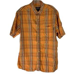 Woolrich Shirt Men’s Orange Plaid Short Sleeve Button Down L Outdoors Casual